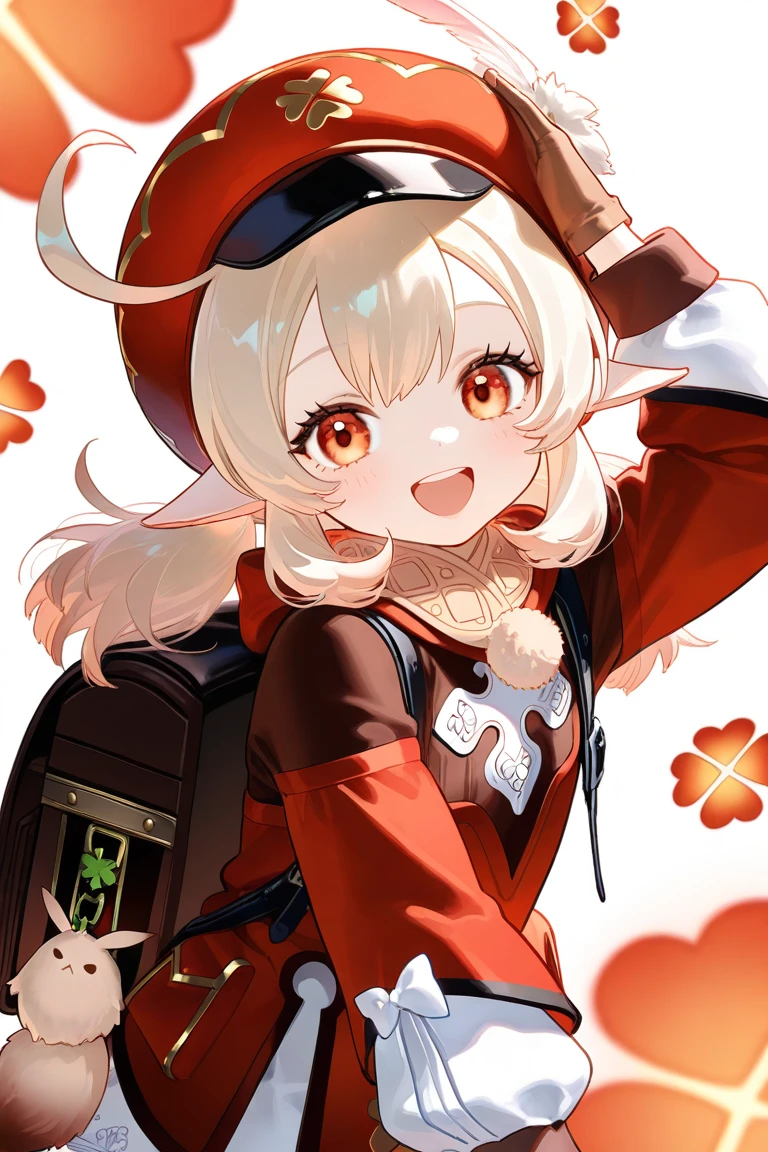masterpiece, best quality, 1girl, explosion, klee (genshin impact), hat, solo, red headwear, smile, outstretched arms, open mouth, backpack, bag, looking at viewer, spread arms, twintails, dress, long hair, hat feather, brown footwear, nude, naked, nipples, flat chest, bangs, ahoge, pointy ears, red eyes, :d, blonde hair, cabbie hat, full body, socks, low twintails, hair between eyes, kneehighs, feathers, dodoco (genshin impact), white feathers, upper teeth only, teeth, sidelocks,