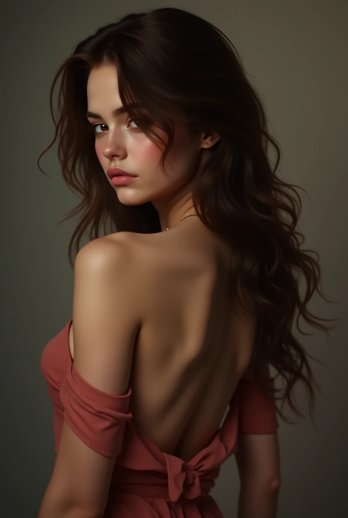A stunning woman with messy hair, flirty, sits in a classroom, artwork on the blackboard, short black skirt, unbuttoned white blouse, messy bun, camera above, voyeuristic, intimate, soft light, warm glow on her face and body, computer, focused, skin and hair, soothing, high-detail skin, hdr, partially exposed