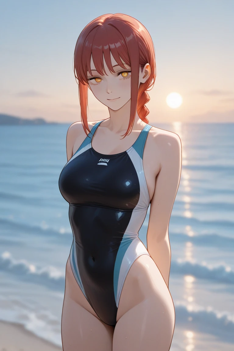 A beautiful orange haired girl wearing a black lycra swimsuit