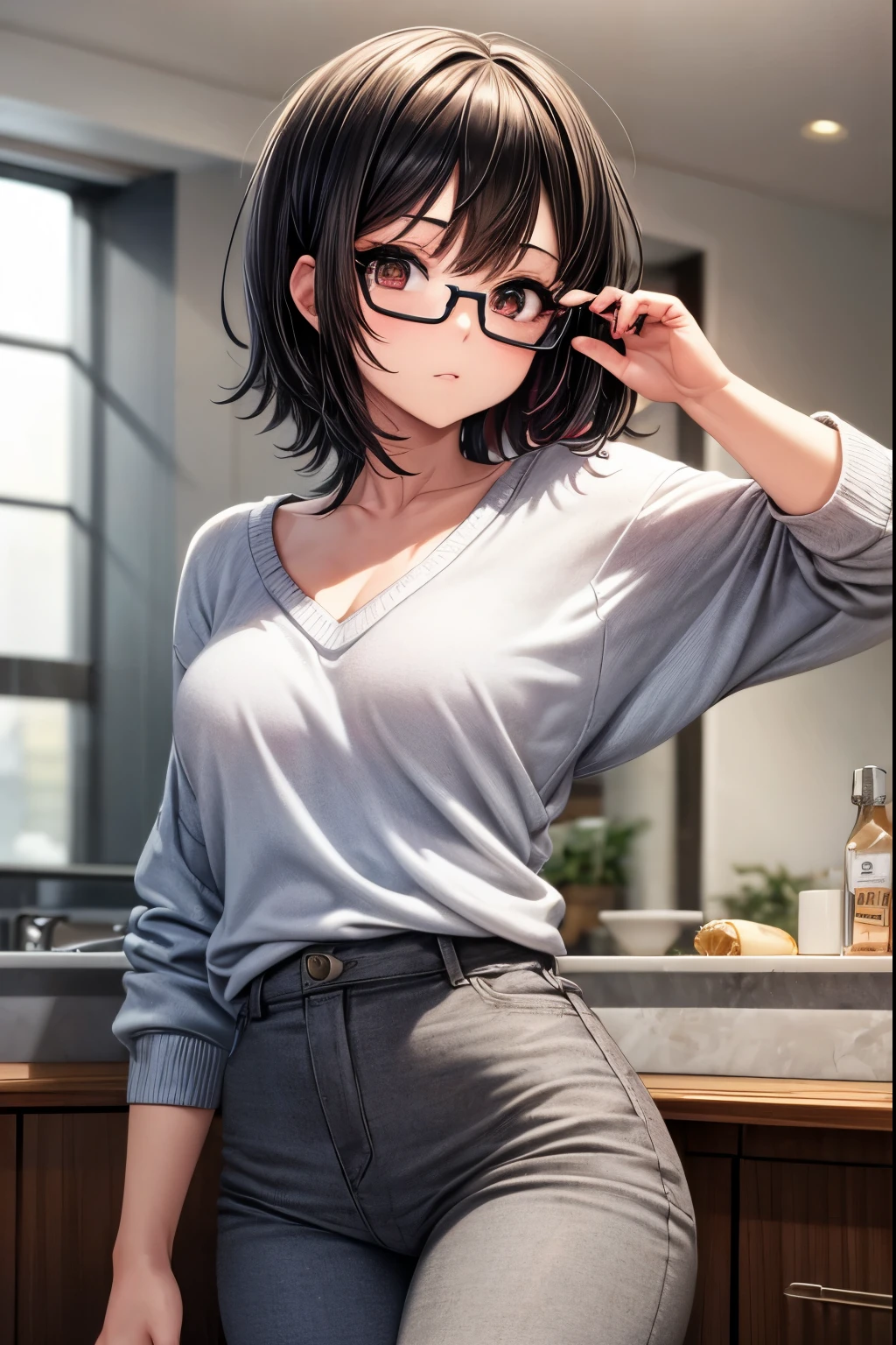1 woman, Short black hair, hair with red tips, perfect face, piel blanca, knitted sweater, v-neck sweater, gray pants, median sinuses, thin lenses, pose de triumph,  sexy, 