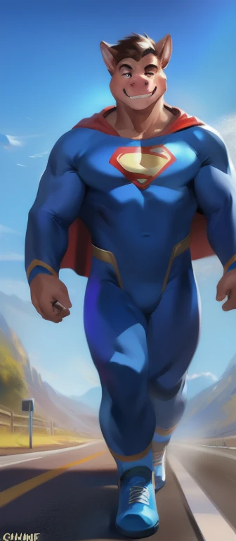 4k resolution solo, german shepherd, wearing blue bodysuit Superman spandex costume, red speedo, red long cape, red long boots, full body view, frontal shot view, at a public park, by chunie