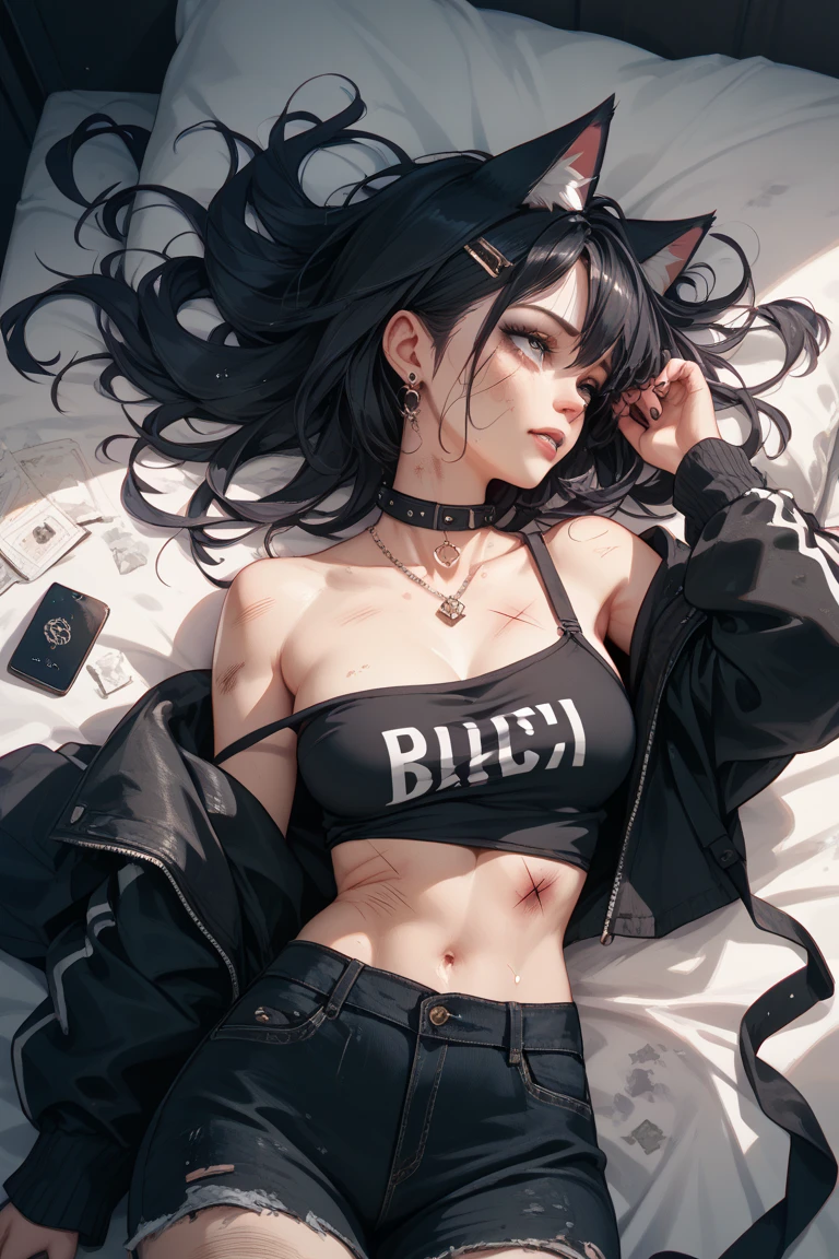 最high quality、best image quality、masterpiece、teenage girl((18-year-old、 By becoming、vest bust、medium bust,wide open breast tea、black eye, black hair、long hair、thin,highest valley、cute makeup、black sports bra、White sports pants、White Necklace、Blackface Paint、tired face、Sweat、sleep、worst sleeping position)),high quality、beautiful art、background((on the bed)),debris flies、Depth of written boundary、movie、visual art、perfect art、8K,genuine