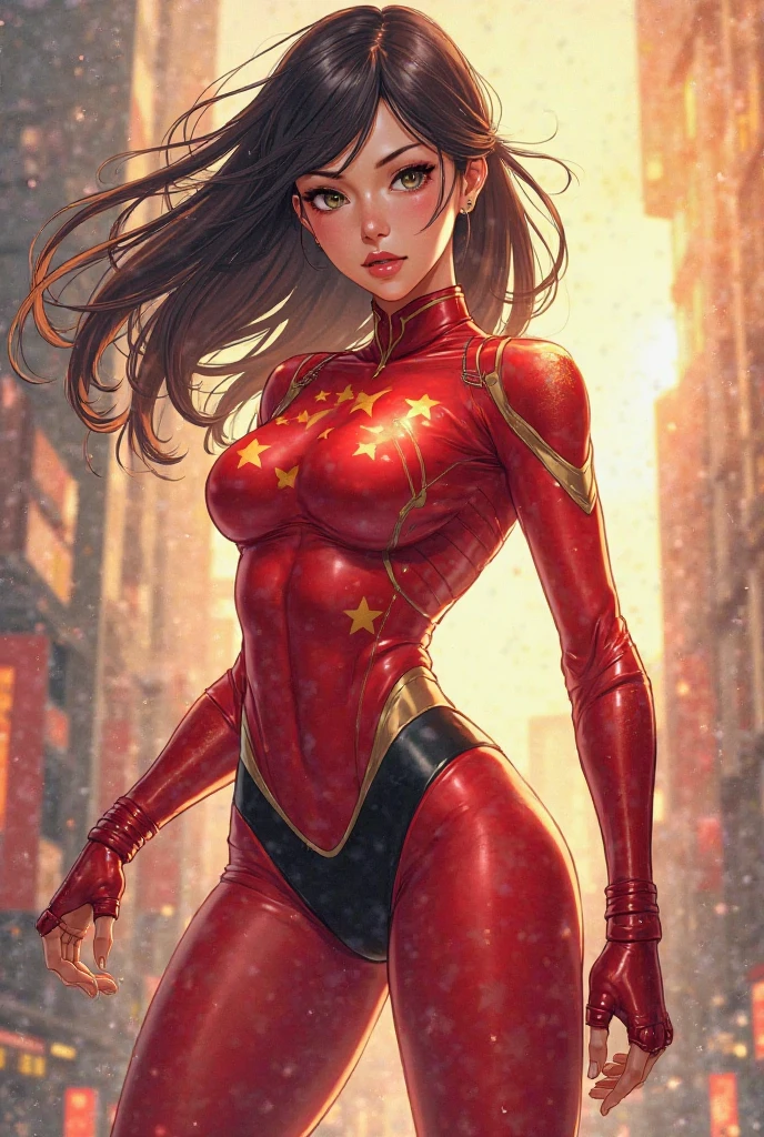 ((Best quality)), ((masterpiece)), (detailed: 1.4), Absurd, Fighter pilot Chinese woman ready for war, muscular body defined, half thick thighs bare, mouth closed, only panties, muscular body parts covered by technological clothing, (((medium breasts)) perfect, generous neckline, ((red outfit with several yellow stars on the uniform)), China, dragon, kung Fu, pastel, long straight black hair with bangs covering one eye, a robotic arm, oriental eyes pulled, short underwear, garter belt, by mucha, niji --V5, close to real, best quality, almost naked, psychopath, crazy face, sexy pose, 2 piece clothes, dragon designs on the arms, cyberpunk, airplane wings on the back, oriental flame shoulder pad, totally red outfit with yellow 3-pointed stars, pointed shoulder pads, Pupilless Pulled Black Eyes, HDR (High Dynamic Range),Ray Tracing,NVIDIA RTX,Super-Resolution,Unreal 5,Subsurface Dispersion, PBR Texture, Post-processing, Anisotropic Filtering, Depth of Field, Maximum Clarity and Sharpness, Multilayer Textures, Albedo and Specular Maps, Surface Shading, Accurate Simulation of Light-Material Interaction, Perfect Proportions, Octane Render, Two-Tone Lighting, Wide Aperture, Low ISO, White balance, Rule of thirds, 8K