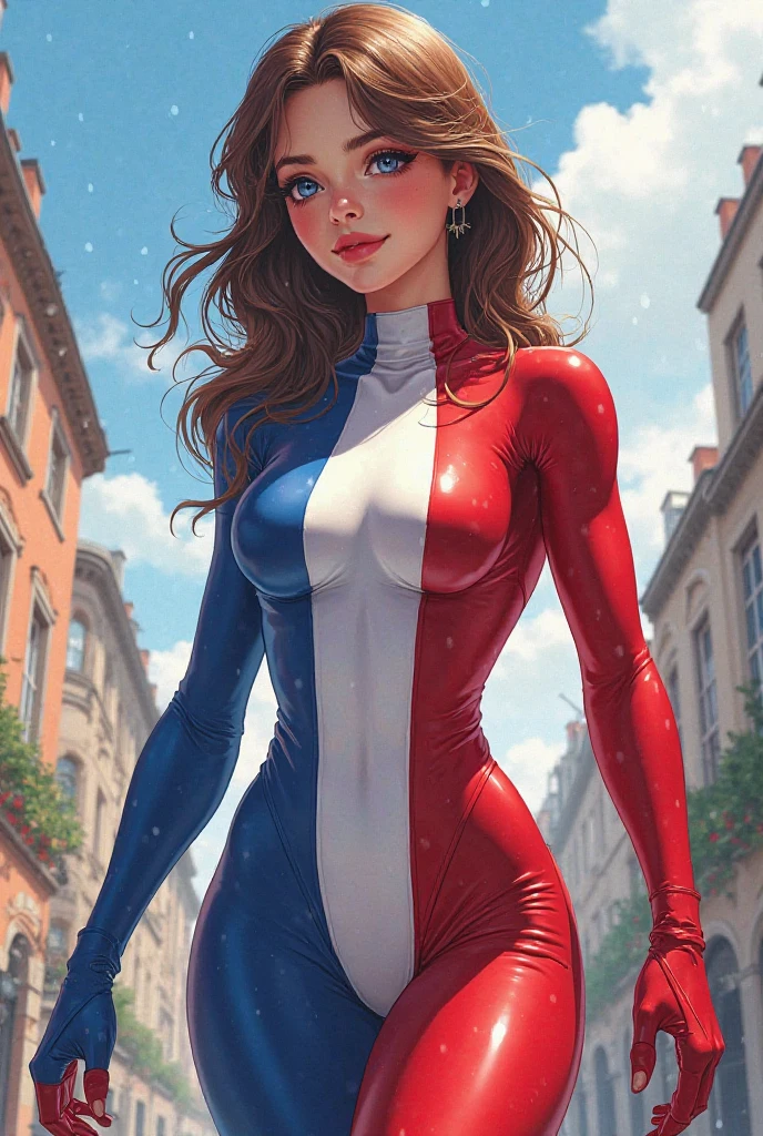 Draw a girl anime version light skin tone brown hair,, Captain America sweatshirt and red thong underwear in the city of Paris