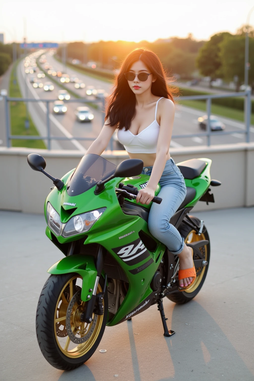 Alafi girl sitting on green and black motorcycle on the street, Denim Mini Skirt、Ultra mini skirt、Costume is white、poneyTail、Beautiful faces of Japan people、17 age、razor、Gentle face、Light green、Beautiful pictures、beautiful boob、Mini、Tank Tops、Ultra mini skirt、thighs thighs thighs thighs、Navel、long boots、kawasaki, Ninja 250、motor cycle, Motorcycles, green and black, black and green, 🤬 🤮 💕 🎀, sitting on cyberpunk motorbike, white boots、sitting on a motorcycle, kawaai, green and black colors, Riding a motorcycle, 🚿🗝📝, motorbiker, futuristic suzuki