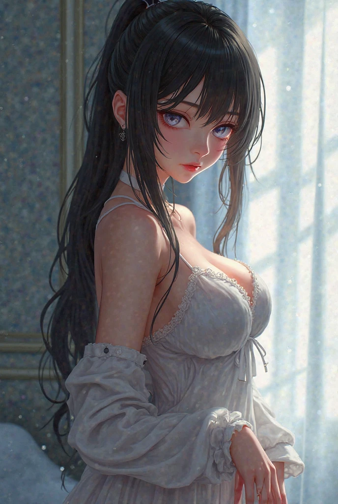A girl with long, wet hair wearing a white shirt and underwear. Her body and panties are wet, making them slightly see-through. The image should have the best quality with ultra-detailed features. The girl's face should have beautiful, detailed eyes, lips, and face. Additionally, the image should be realistic and have vivid colors. The lighting should be soft and highlight the wetness of her hair and body. The overall art style should be a portrait.