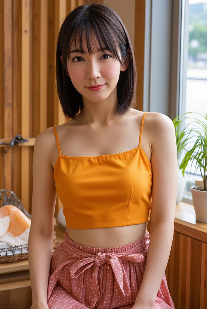 yellow wears a transparent top, She is about 60 years old,asian woman sitting at a table ((drinking coffee)), smile,She is about 60 years old., She is about 65 years old, an Asian woman, Late 80s, sitting at a mocha-colored table, skirt a transparent,(cleavage breasts),look back