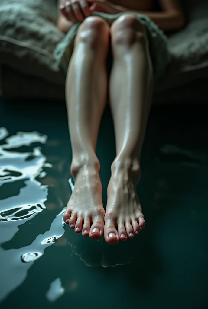(photorealism:1.2), beautiful woman, on a waterbed, showing the soles of her feet to the camera