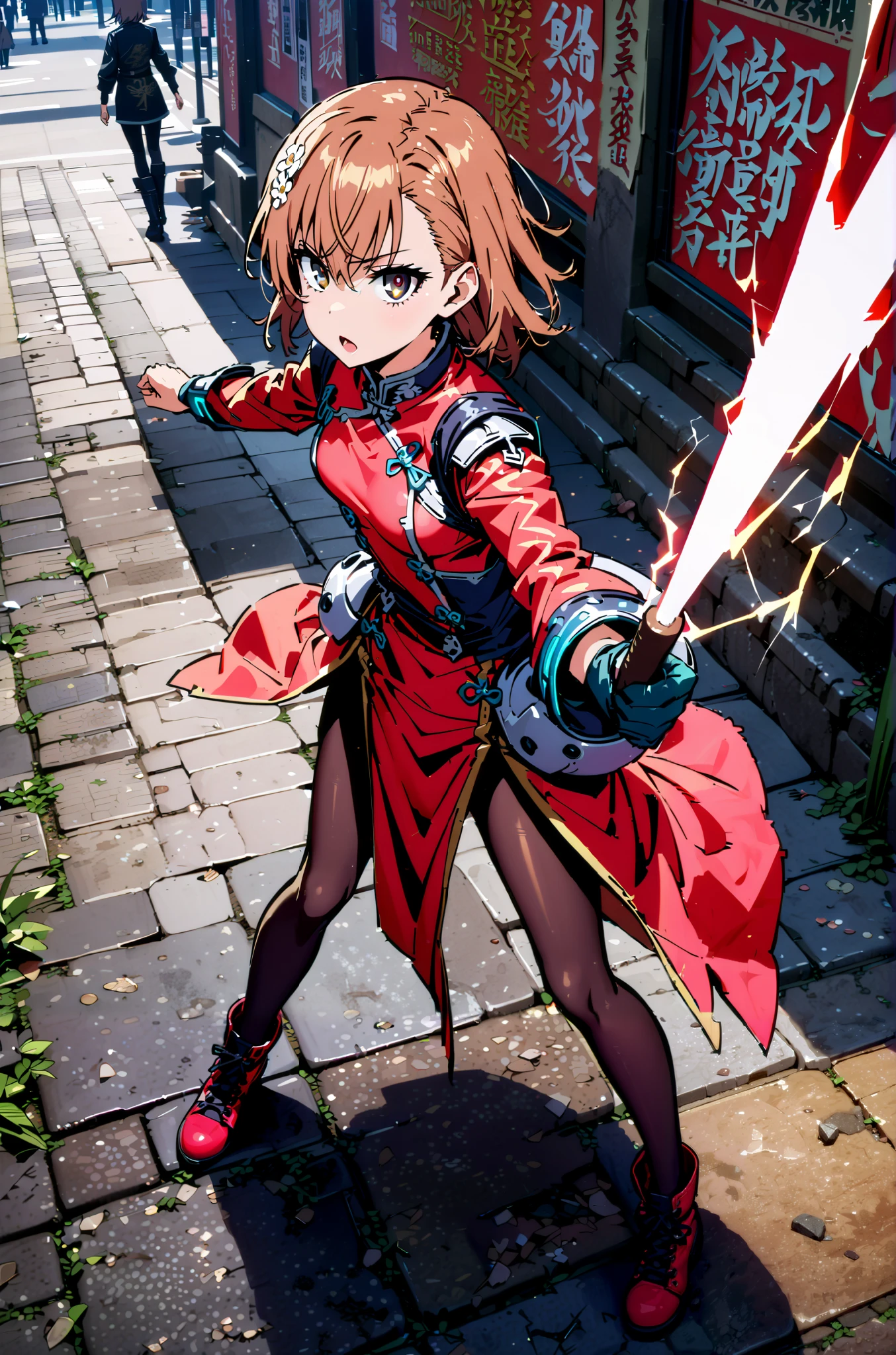 Mikoto and Misaka, Misaka Mikoto , short hair, black cock, hair ornament, hair flower, brown eyes,serious,open your mouth,electricity ,Superpowers(electricity ity),Electric current is emitted from the body ,cosplay, ,That's right., open your mouth, White Chinese clothing,Long slit,black pantyhose,boots,is standing, combat posture,full bodyがillustrationに入るように,break outdoors, Chinatown,
break looking at viewer,full body,
break (masterpiece:1.2), best quality, high resolution, Unity 8k Wallpaper, (illustration:0.8), (beautiful detailed eyes:1.6), very detailed face, so that it fits into the illustration, extremely detailed CG, (perfect hand, perfect anatomy),