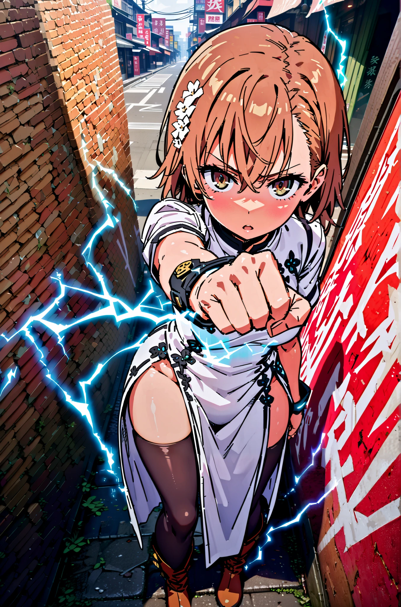 Mikoto and Misaka, Misaka Mikoto , short hair, black cock, hair ornament, hair flower, brown eyes,serious,open your mouth,electricity ,Superpowers(electricity ity),Electric current is emitted from the body ,cosplay, ,That's right., open your mouth, White Chinese clothing,Long slit,black pantyhose,boots,is standing, combat posture,full bodyがillustrationに入るように,break outdoors, Chinatown,
break looking at viewer,full body,
break (masterpiece:1.2), best quality, high resolution, Unity 8k Wallpaper, (illustration:0.8), (beautiful detailed eyes:1.6), very detailed face, so that it fits into the illustration, extremely detailed CG, (perfect hand, perfect anatomy),