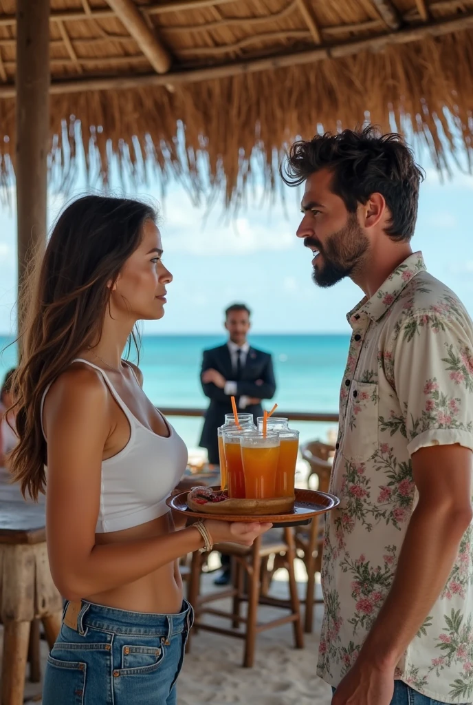 (a smoking hot woman,25,party outfit, she is a secret agent, she is hiding a tracking device on Devito),(short obnoxious guy,danny devito look-alike),(tiki bar),(best quality,4k,8k,highres,masterpiece:1.2),ultra-detailed,festive atmosphere,vibrant colors,cheerful mood,intimate setting,exotic cocktails,fancy decorations,lively music,tropical vibes,stunning sunset,lit tiki torches,steamy ambiance,dance floor,socializing,good times,joyful laughter,fun-filled evening,energetic crowd,(portrait,photography:1.2),(bokeh,soft focus,dramatic lighting),(colorful,contrasting lightischievous,flirtatious glances),(dynamic poses,body language),(playful interaction)