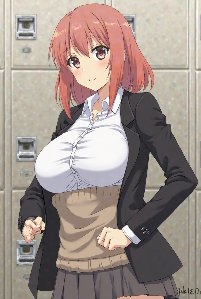 masterpiece, best quality, highres, aaryouko, short hair, cleavage, pink shirt, labcoat, belt, miniskirt, black skirt, black thighhighs, indoors, (((Sex))), smile, open mouth,