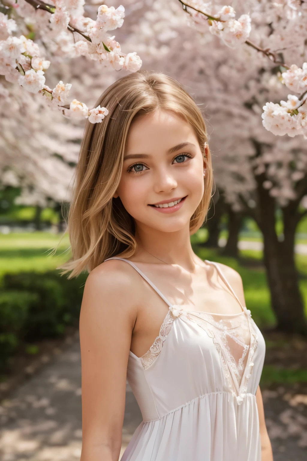 Photo eines jungen Mädchensmit blonden Haaren und braunen Augen, big eyes, small breasts in summer dress with large neckline, a small butt , Ava Young, , ( masterpiece), Exactly, anatomically correct , F/1.8, 90mm, fujifilm GFx 50R, Rohfoto, regina display , super detail, high details , high quality, rolled up , highres, UHD, 1080p HD, 4K, 8k, ( Amazing skin details : 1.4), (natural skin: 1.2), (Pores: 0.6), ( detailed eyes : 1.2), (bokeh: 1.2), (Photo), (cinematographic), ( photorealistic), ( ultra-realistic ), (( nice smile )) ((sassy girl)) ((wild Haarstyle)) )) beautyful hot T3enager girl with small breasts, small hard nipples:1.5, under blooming cherry trees, Cherry blossoms, beautyful hot Mädchen