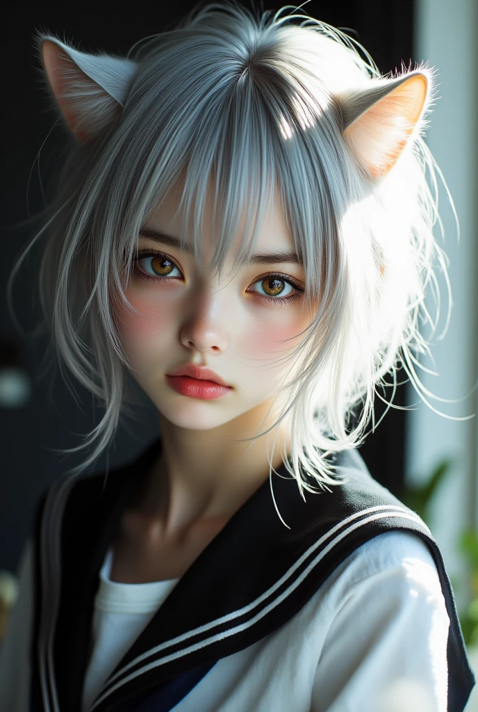 A highly realistic portrait of a young woman resembling Koneko Toujou from High School DxD. She has short, silvery-white hair with a soft texture, golden eyes with natural reflections, and pale, smooth skin. Her white cat ears blend seamlessly with her hair, and a fluffy tail adds to her feline features. She wears a black-and-white school uniform with detailed fabric textures. Her expression is calm and composed, exuding quiet confidence. The background is softly blurred with cinematic lighting. Ultra-realistic, hyper-detailed, 8K resolution, no anime or cartoon elements.
