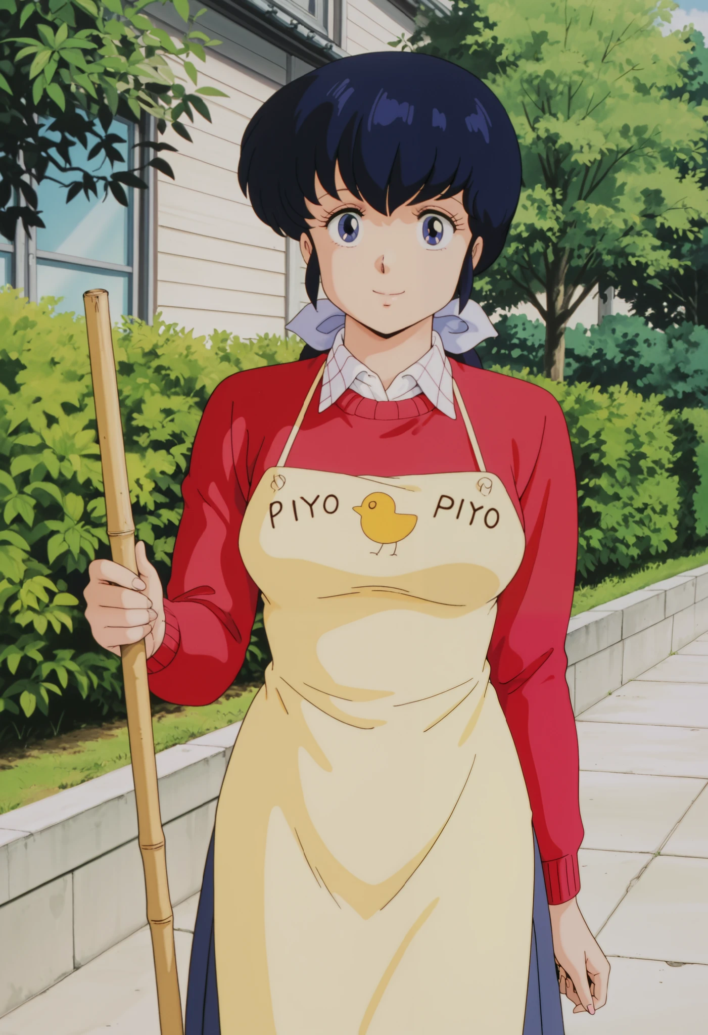 masterpiece, best quality, amazing quality, detailed background, perfect eyes, anime coloring, anime screenshot, 1980s \(style\), 1girl, solo, mature female, otonashi kyouko, black hair, long hair, , blue eyes, medium breasts, yellow shirt under red sweater, long sleeves, blue skirts, piyo piyo apron, holding broom, looking at viewer, smile, (outdoors)