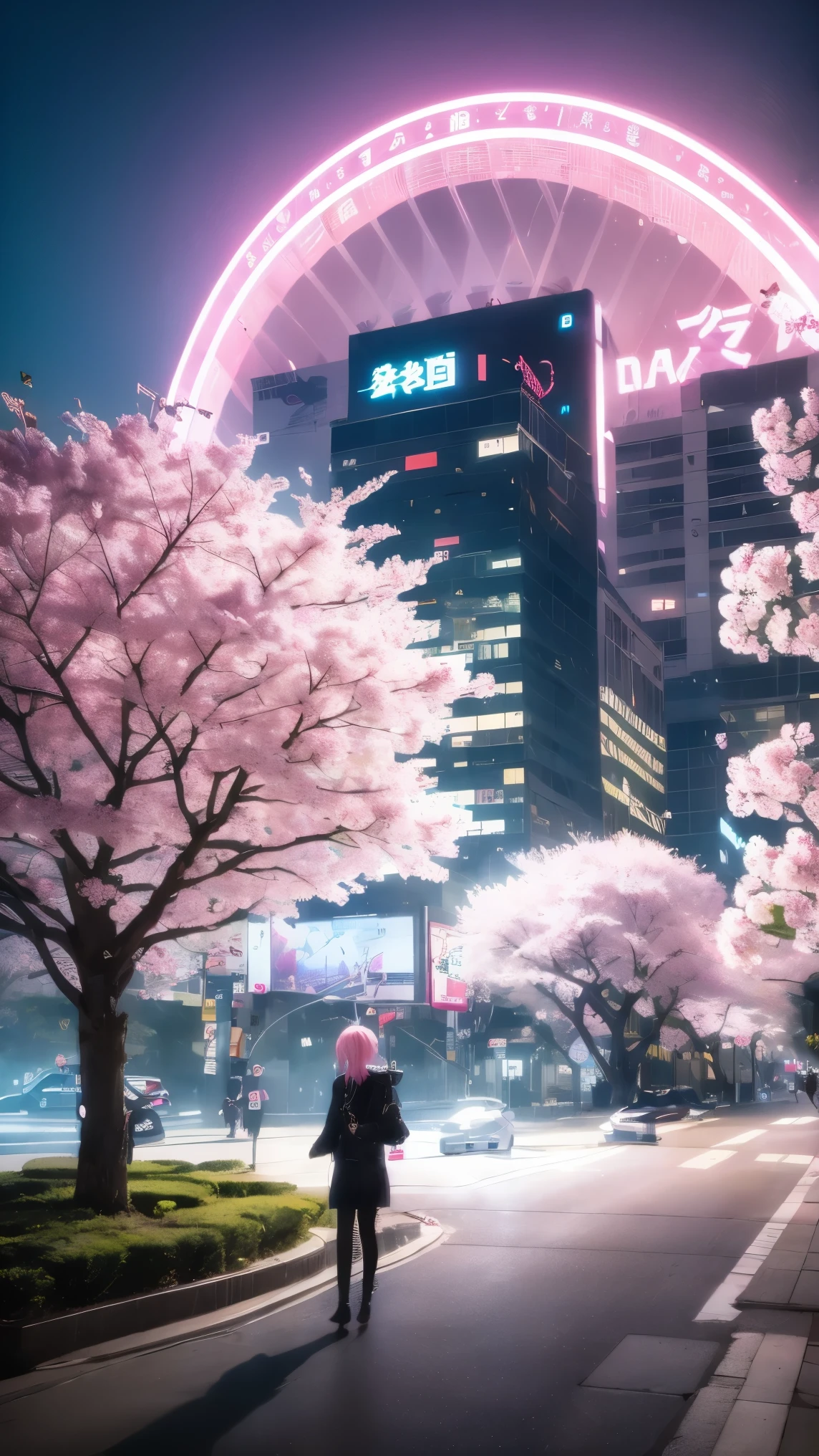 A Cyberpunk-style 《Naruto》Haruno Sakura standing in a holographic view of New Tokyo,for a large foreign space, neon kanji advertisement。Her long pink hair emits a bio-fluorescent-like streaming light,flickering in sync with falling digital petals,featuring advanced science and technology in electronic circuits,Pulsating soft blue light。images bloom on the skyline to capture the moment she reaches out and touches the suspended cherry blossom projection,ripples of pink data streams in the air。In the background,A huge holographic cherry blossom tree blooms on the city skyline,The tree roots are composed of flowing LED advertising screens。8K ultra-fine rendering,The cyber mechanical atmosphere incorporates traditional Japanese elements - the background is vaguely visible, red must be accompanied by a skeleton as energy armor。warm cherry blossoms The color contrasts dramatically with the cold neon blue,Light pollution creates a dreamy fog。preserve Kozakura's iconic pink hair(Increase the biofluorescence effect)and ninja traits, pulse circuit kimono、data flow petal、light pollution haze, uses pink(romantic)and cyberblue(science and technology)interpretation of the collision"is an exotic romantic project,traditional cherry blossoms(Holographic projection)VS futuristic city(LED building/neon kanji)