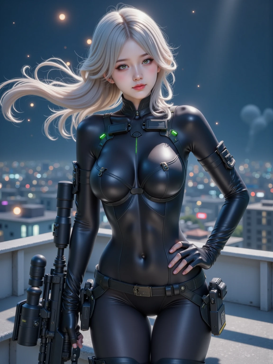 photorealistic, high resolution, 1women, solo, hips up, look at viewer, (detailed face), white hair, long hair, gantz, reika\(bodysuit\)