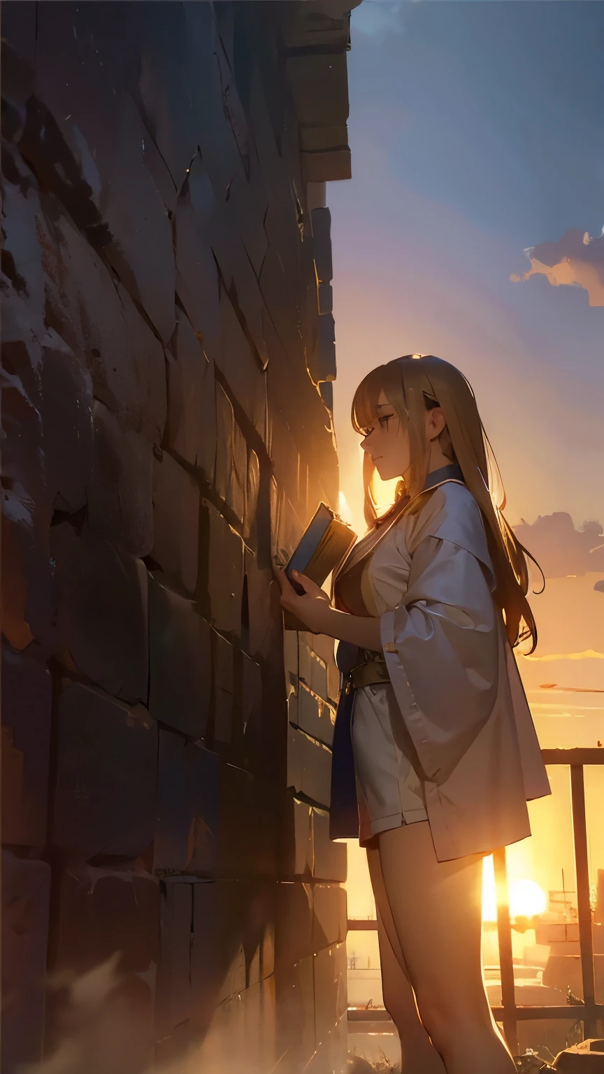 Fantasy scene depicting an erotic witch exploring a dungeon, holding a grimoire in one hand、gesturing with the other hand. thighs, details the expressive part, symmetrical eyes and a calm, Wise expression. her hair flows naturally , the robe hangs down with natural creases, swaying slightly in the style. warm but warm sunlight Emphasize his face, the golden glow enhances the depth of his features. the background is an old village in soft focus, timeless Create a heroic atmosphere. The hands and refer to are carefully detailed, Well-balanced, without distortion, precise scroll. illustration is sophisticated, band decine art, Smooth, clean lines and slightly stylized realistic touch. avoid hand deformities and unnatural proportions, refer to, Legs and . make sure the eyes are symmetrical, A crisp , fully formed, has no distortions or irregularities. 顔の特徴はSmooth均整のとれたものであるべき, with no exaggerated elements. has natural creases on the robe, avoids excessive lines and stretched textures. maintains uniform color and lighting, make the characters stand out without excessive contrast. should be an illustration with high quality details, Accurate line drawing, and balanced composition, holding a sacred grimoire with one hand.