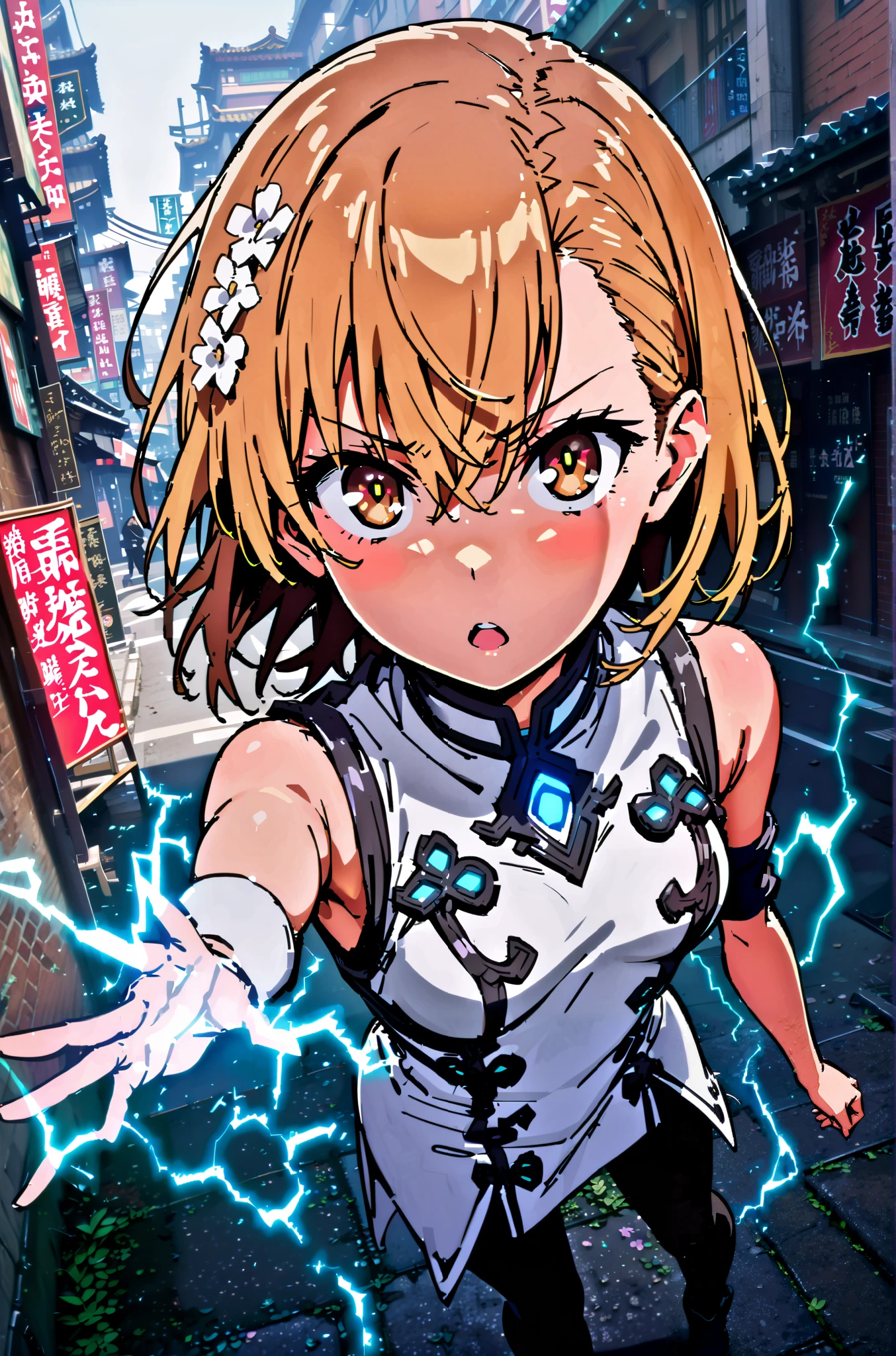 Mikoto and Misaka, Misaka Mikoto , short hair, black cock, hair ornament, hair flower, brown eyes,serious,open your mouth,electricity ,Superpowers(electricity ity),Electric current is emitted from the body ,cosplay, ,That's right., open your mouth, White Chinese clothing,Long slit,black pantyhose,boots,is standing, combat posture,full bodyがillustrationに入るように,break outdoors, Chinatown,
break looking at viewer,full body,
break (masterpiece:1.2), best quality, high resolution, Unity 8k Wallpaper, (illustration:0.8), (beautiful detailed eyes:1.6), very detailed face, so that it fits into the illustration, extremely detailed CG, (perfect hand, perfect anatomy),