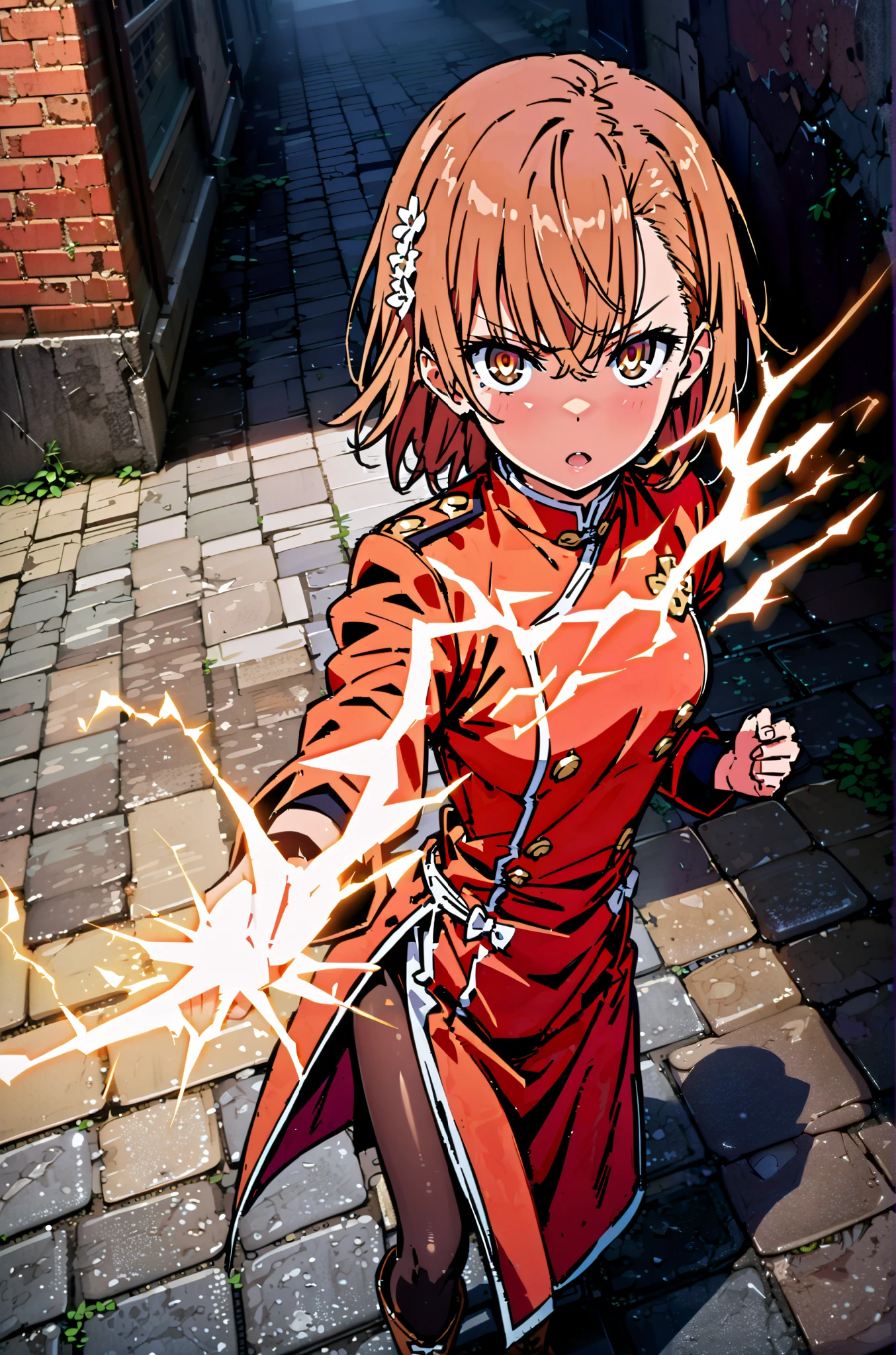 Mikoto and Misaka, Misaka Mikoto , short hair, black cock, hair ornament, hair flower, brown eyes,serious,open your mouth,electricity ,Superpowers(electricity ity),Electric current is emitted from the body ,cosplay, ,That's right., open your mouth, White Chinese clothing,Long slit,black pantyhose,boots,is standing, combat posture,full bodyがillustrationに入るように,break outdoors, Chinatown,
break looking at viewer,full body,
break (masterpiece:1.2), best quality, high resolution, Unity 8k Wallpaper, (illustration:0.8), (beautiful detailed eyes:1.6), very detailed face, so that it fits into the illustration, extremely detailed CG, (perfect hand, perfect anatomy),