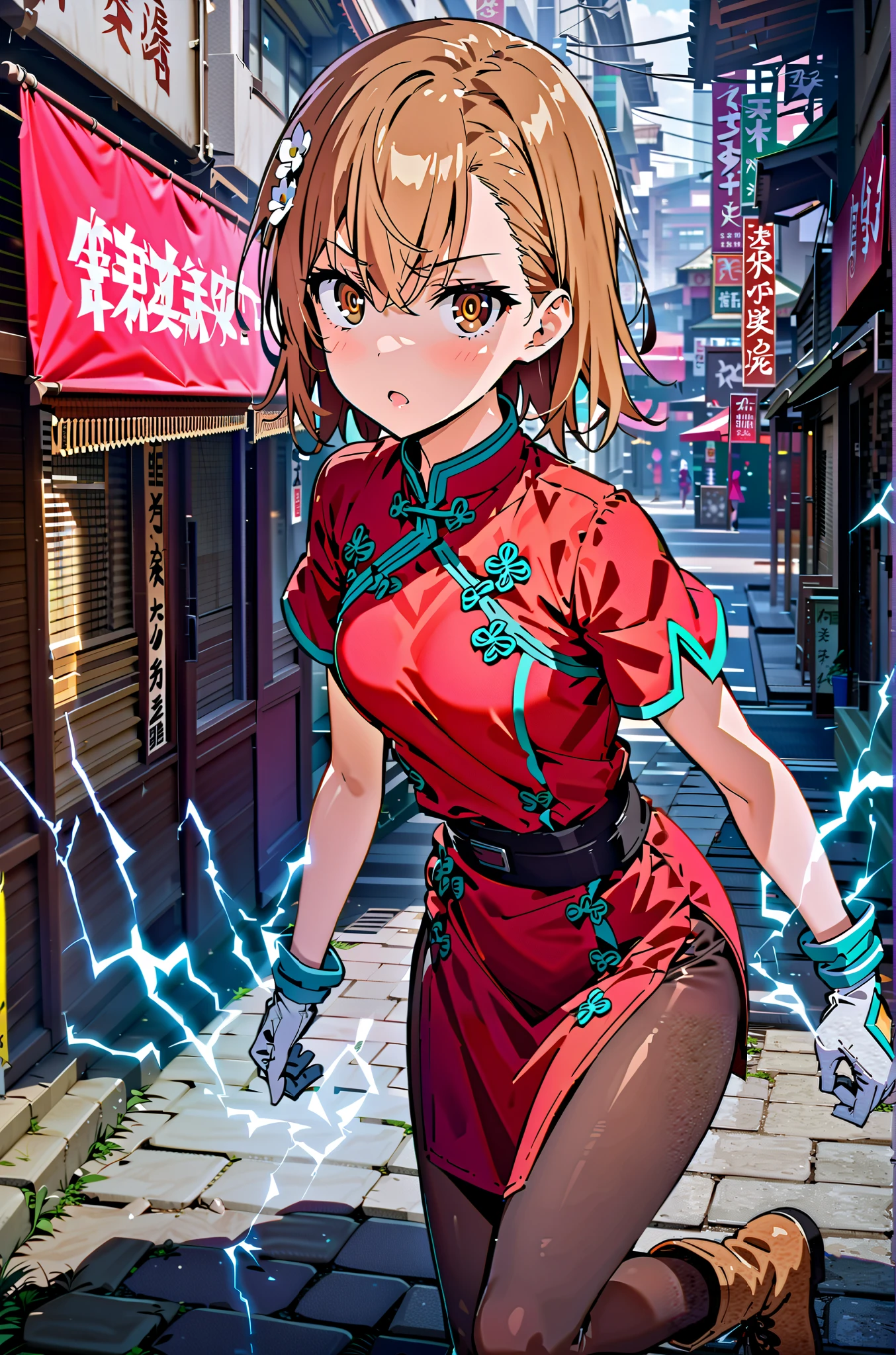 score_9, score_8_up, score_7_up, source_anime,
Mikoto and Misaka, Misaka Mikoto , short hair, black cock, hair ornament, hair flower, brown eyes,serious,open your mouth,electricity ,Superpowers(electricity ity),Electric current is emitted from the body ,cosplay, ,That's right., open your mouth, White Chinese clothing,Long slit,black pantyhose,boots,is standing, combat posture,full bodyがillustrationに入るように,break outdoors, Chinatown,
break looking at viewer,full body,
break (masterpiece:1.2), best quality, high resolution, Unity 8k Wallpaper, (illustration:0.8), (beautiful detailed eyes:1.6), very detailed face, so that it fits into the illustration, extremely detailed CG, (perfect hand, perfect anatomy),