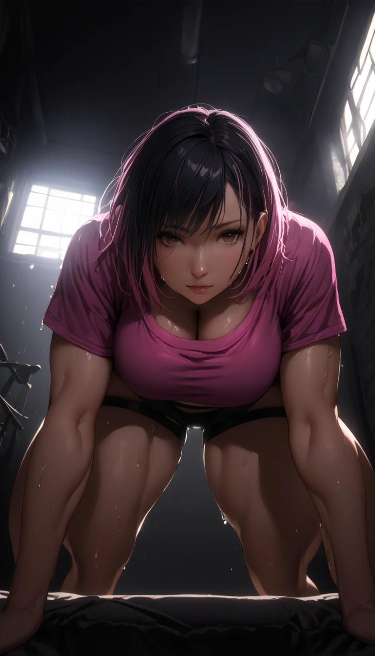 black hair , cut bob, big breasts, small waist , gangz costume muscular anime near the window big breasts big hips thighs loose shirt top crop ,short flojo despeluzado top-down bottom-up, Kuna2 wet clothes pink hair cinematic dramatic color style,half back lighting , backlight , Natural lighting, incandescent light, Optical fiber, Ambient lighting, movie lighting , studio lighting , soft lighting , volumetric , strong contrast wet clothing wide hips Oiled leather hyper hips loose shirt mid-chest crop top ,Standing angle from below focusing on hips, ((( best quality)))