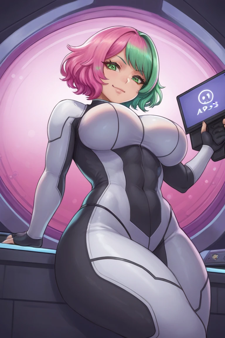 A smart technology girl big chest short light turquoise hair picture her green eye painted purple eyelash pink lip she wears a full spacesuit blue stripe king blue 