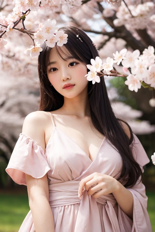 One person, High resolution, Long Hair, smile, masterpiece, accurate, Highest quality, High-resolution model, High detail, Textured skin, Ultra high definition, Long Hair, Large Breasts, Blushing, Sticking out tongue, Simple Background, cherry blossoms、Cherry Blossom Viewing
