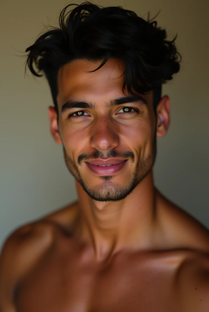 Latino teenage boy, medium straight hair, light eyes, well defined jaw, athlete's body, 1.90 meters and a charming smile 