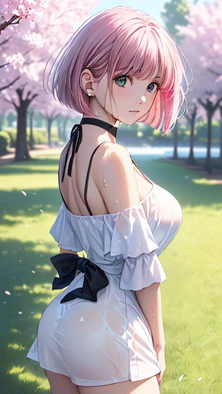 ((Sexy high waist skirt dress)), luster Outfit, (Black pantyhose), skinny, solo, 1 woman, Masterpiece, highest quality, highest quality, 16K, incredibly absurd, highly detailed, 2.5D, ai-generated, delicate and dynamic, very delicate facial expressions, delicate eye depiction, erotic, only sexy woman, ((A cute and kind face)), healthy figure, ((25-year-old woman)), 160cm tall, medium firm swaying bust, (short hair), (pink hair:1.5), bob cut, black eye, blush, Sweat,Embarrassed,sexy, ((thin thighs)), (camel toe:0.8), (Erect nipples:1.0), (visible nipples:0.5), ((shiny and lustrous)), facing straight at viewer, smile, (standing), cowboy shot, ((arm at side)), Large park, daytime, bright, on the grass,