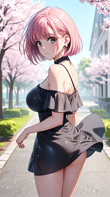 tmasterpiece, Best quality at best, 1girll, Sakura Haruno, Large breasts,Off-the-shoulder attire,(cleavage),(upperbody closeup),Raised sexy,is shy,ssmile,with pink hair, long whitr hair, (Green eyeballs:1.4), Forehead protection, the cherry trees,Cherry blossoms flying,Red clothes,Zipper half, wearing strapless mini bodycon dress, upskirt, skirt lift, panty visible, wearing panty