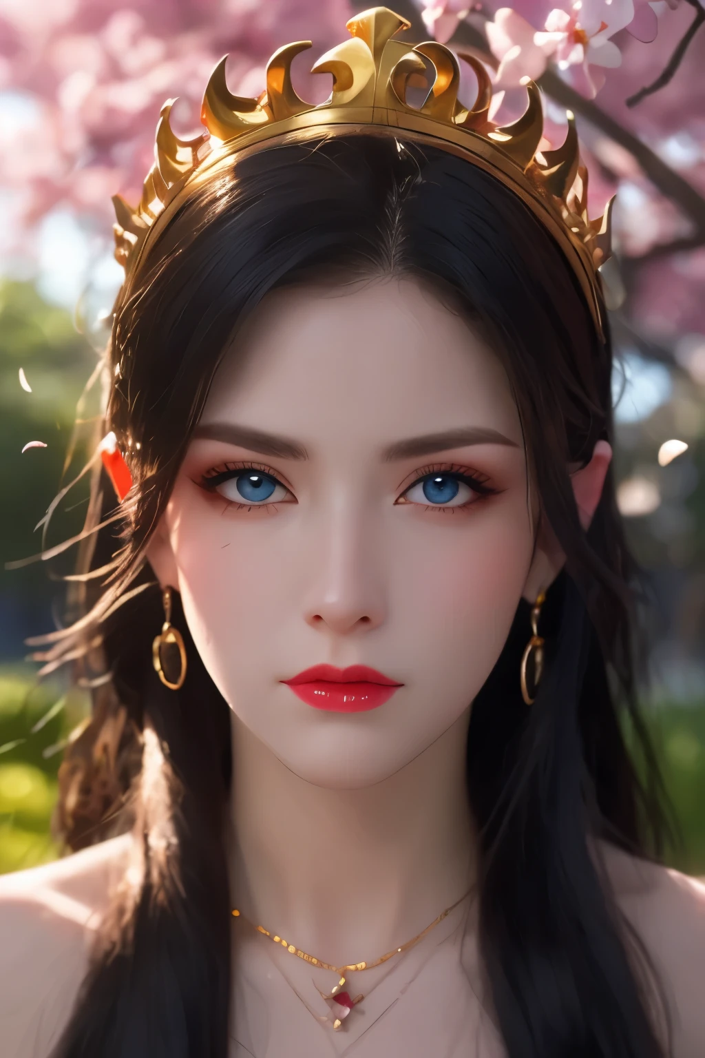 One 20 year old girl, breast 1.1, navel,upper body,bare shoulders,wears red tube top,red skirt, blue gems,shiny skin,hand in own hair,(mature female),milf,cai lin, deep blue eyes, jet black long hair, 8k resolution high quality,background: around the garden surrounded by Sakura trees with fluttering sakura petals, from head to thighs, hourglass figure, bare round shoulders, exposed midriff, a tilak on her forehead,ornamental logo on her forehead, snake crown, necklace, earings with blue gem, long black hair bangs, pointy ears,golden bracelet,Bright lightening under the sun through sakura canopy. High quality 16k resolution,( HDR :1.5), cinematic look, ultra-detailed,ultra lightening, (photorealistic :1.2), long thin straight eyelashes, dense black eyelashes,sharp eyes, diamond shaped head, straight nose, closed heart shaped lips, lean in pose, front view pose looking at viewer