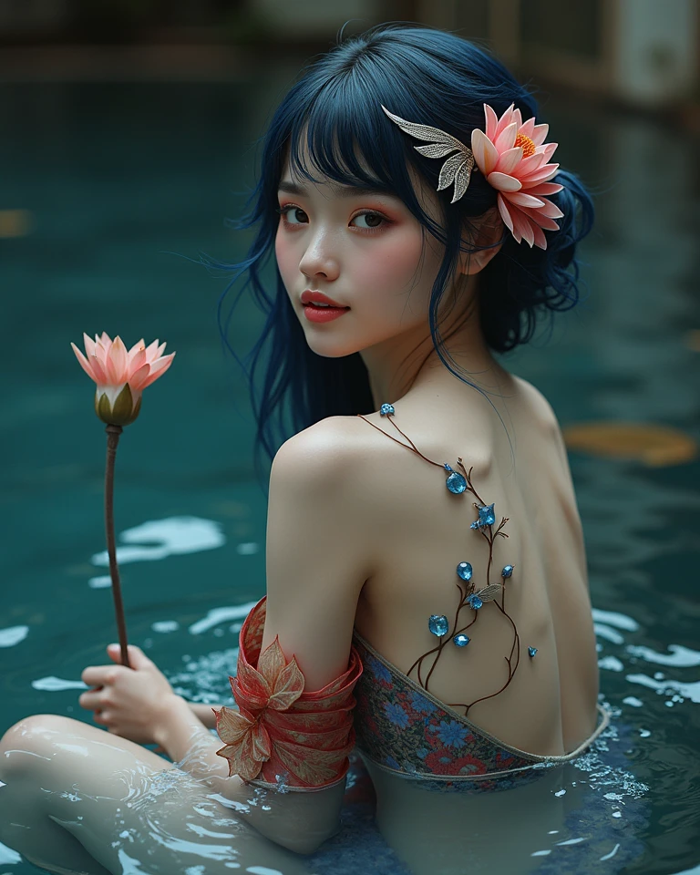 8K, UHD, 1 girl, 18 years old, ((teal micro bikini)), ((micro panities)), ornaments, exquisite faces, details, hands, ultimate details, amazing magnificence, Pedaipan style, fiber hair, glowing teal iris, ((glowing flower)),