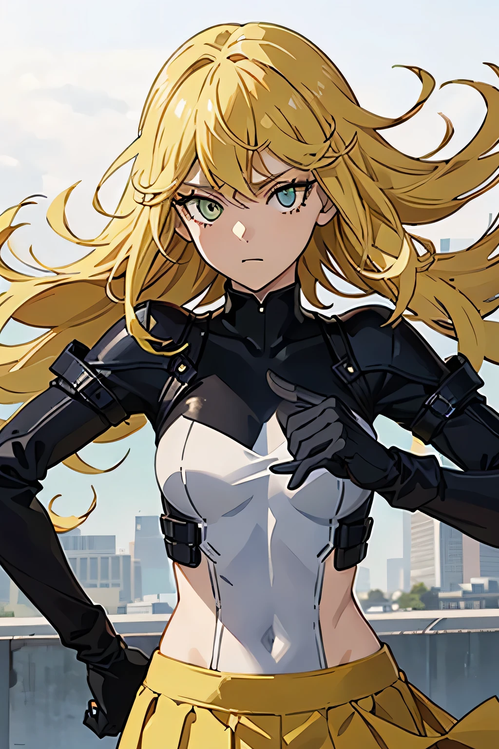 18 year old woman , tiny body, yellow hair with red bleaching, red right eyeball, blue left eyeball, wearing a yellow women's war outfit, wearing a white skirt, tiny, strong , front facing , HD, Half body , an Anti-Hero