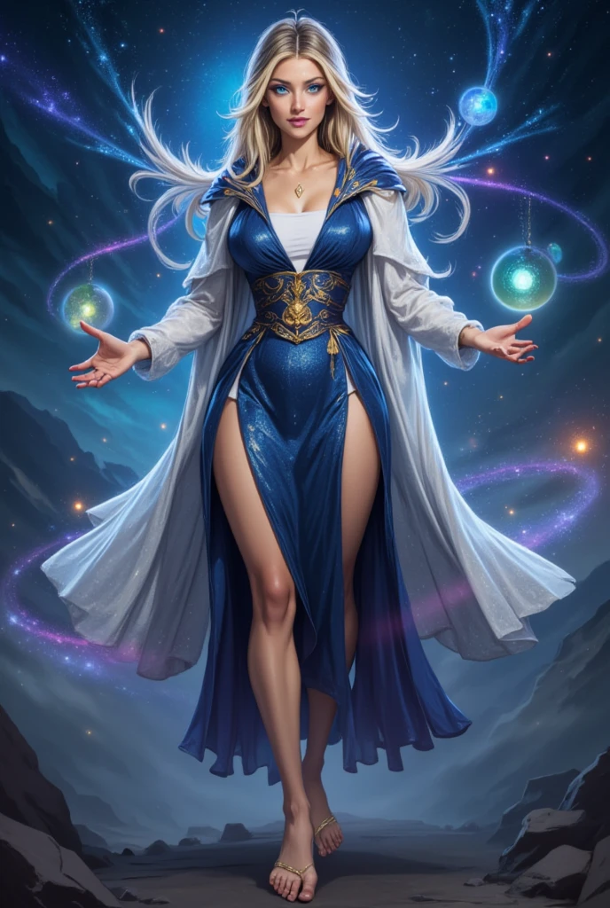 high quality, 8K Ultra HD, Aetheria, the Celestial Goddess, commands the cosmos with a regal presence, Adorned in robes woven from interstellar nebulas, her figure radiates cosmic hues of indigo, violet, and silver, Crowned with moonstones, her obsidian hair billows like a celestial nebula, framing eyes filled with infinite wisdom, In her hands, Aetheria holds a stardust-forged staff, its crystalline orb pulsating with the universe's heartbeat, Constellations orbit around her, reflecting the cosmic dance, Her aura casts a warm light, embodying the delicate balance of creation and destruction, by yukisakura, high detailed,