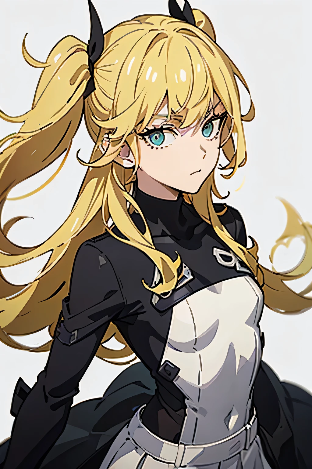  18 year old woman , tiny body, yellow hair with red bleaching, red right eyeball, blue left eyeball, wearing a yellow women's war outfit, wearing a white skirt, tiny, strong ,  front facing , HD, Half body , an Anti-Hero