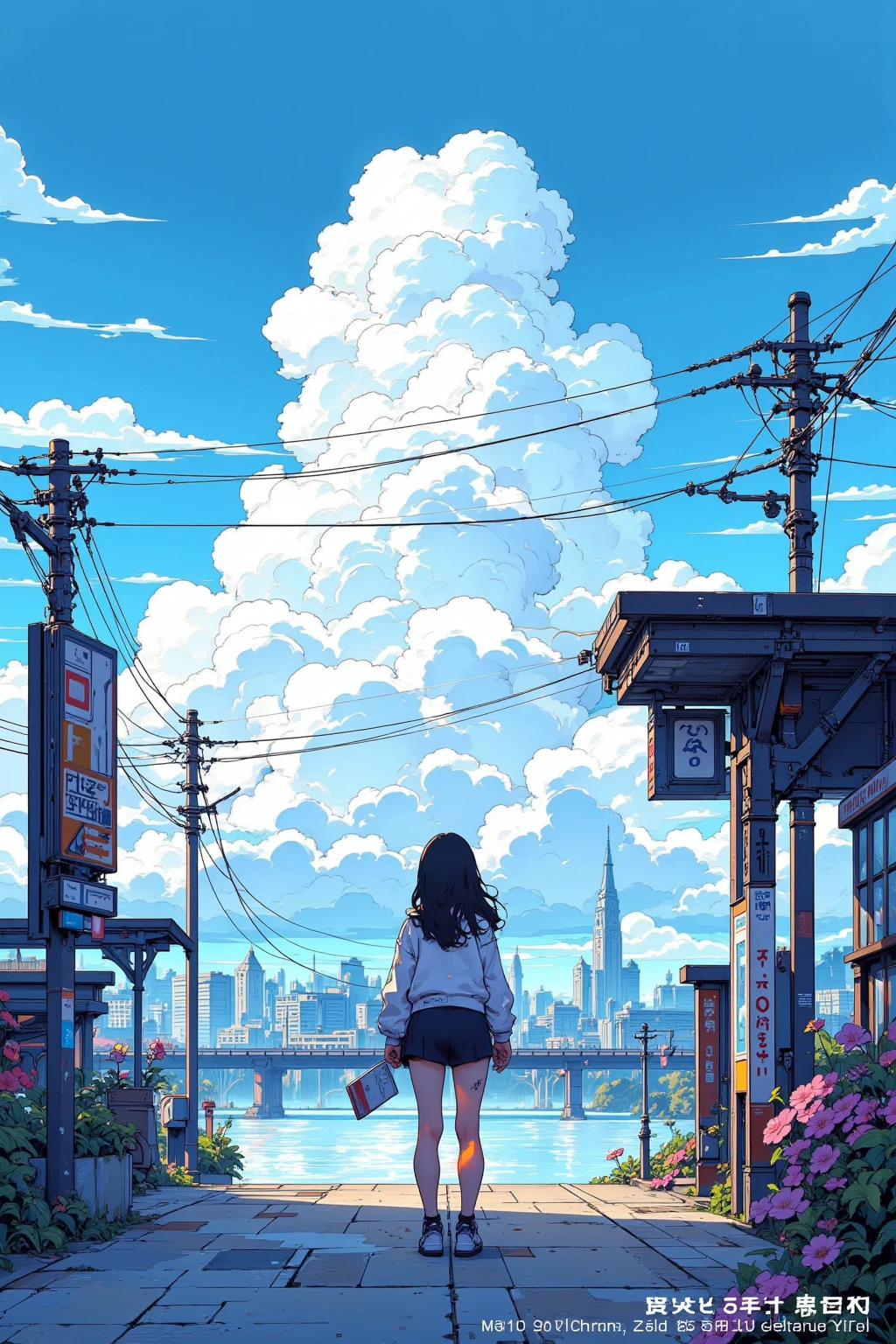海岸の見える屋外の駅のホームで電車を待つ女子高生の pixel アートのシーン, Station with a view of the sea, unreal ,Cumulonimbus,CMYK palette,  Lofi Girl  ,驚くべき  pixel  アート,  pixel  アニメーションスタイルの街並み,There is a high school girl alone at the platform,A clear summer afternoon, pixel アートのシーン,  pixel  アニメーション静止画アニメ色紙,  pixel  ゲームイラスト  , mamoru hosoda,   90s Game Aesthetics 、  pixel    