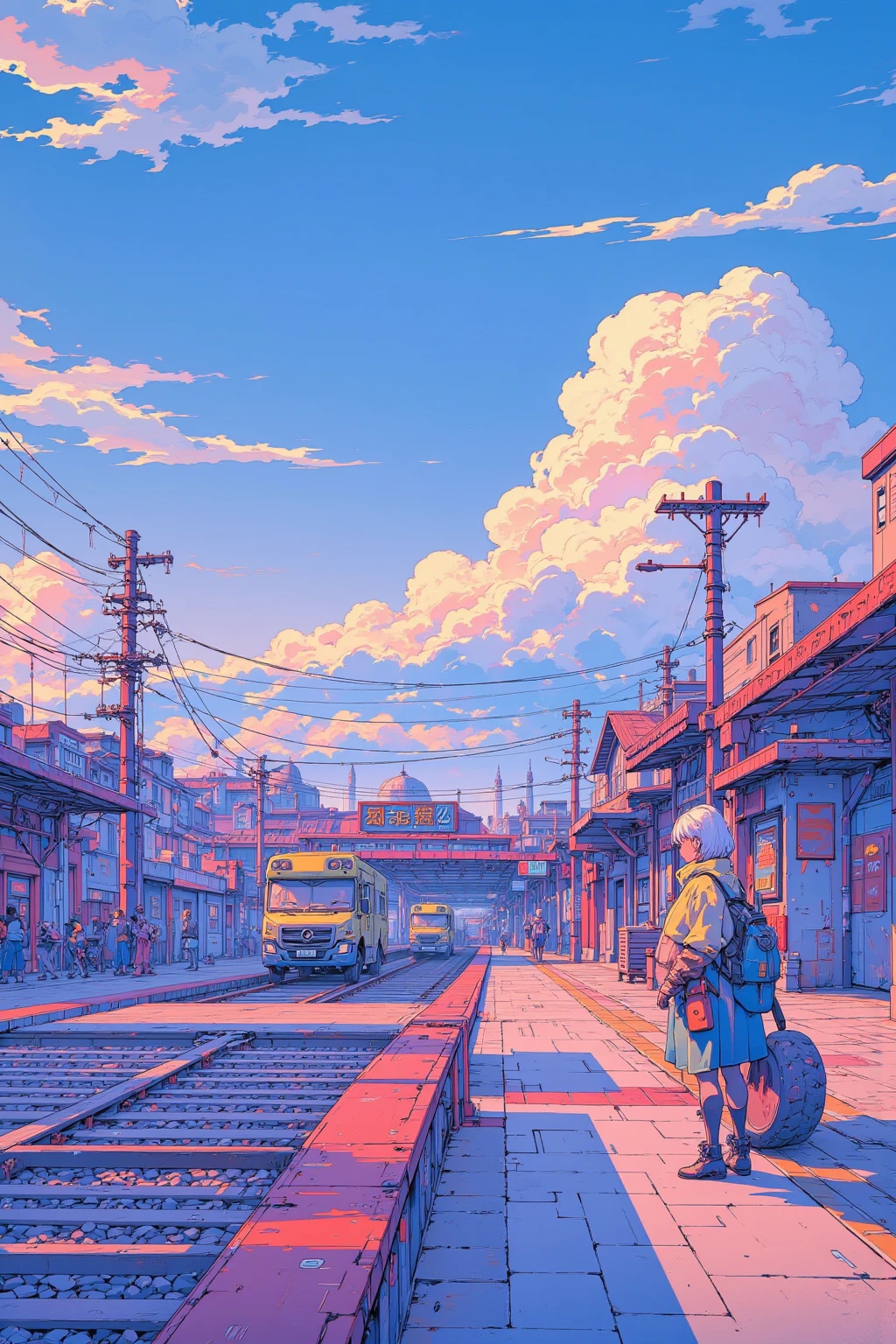 海岸の見える屋外の駅のホームで電車を待つ女子高生の pixel アートのシーン, Station with a view of the sea, unreal ,Cumulonimbus,CMYK palette,  Lofi Girl  ,驚くべき  pixel  アート,  pixel  アニメーションスタイルの街並み,There is a high school girl alone at the platform,A clear summer afternoon, pixel アートのシーン,  pixel  アニメーション静止画アニメ色紙,  pixel  ゲームイラスト  , mamoru hosoda,   90s Game Aesthetics 、  pixel    