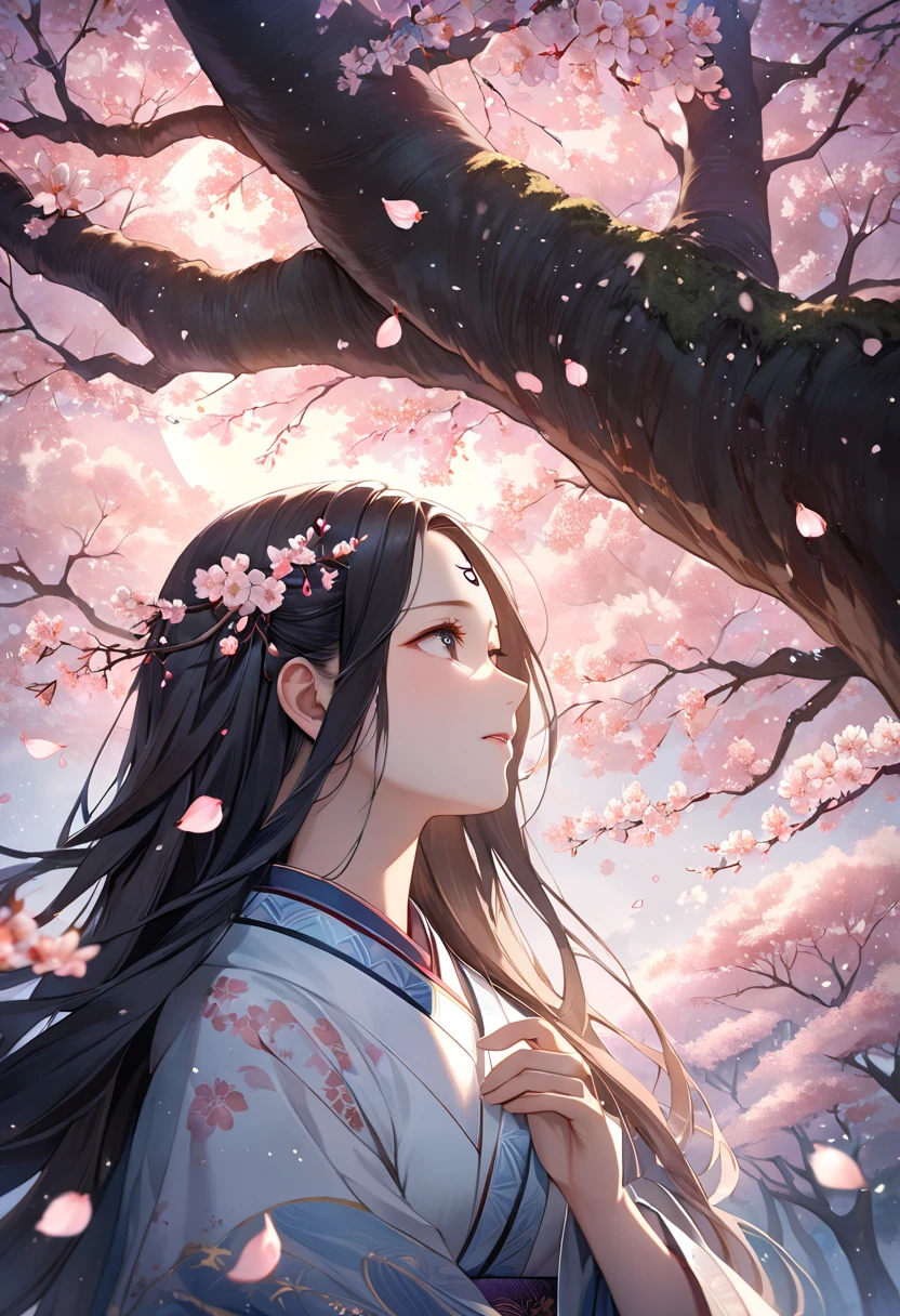 A pale watercolor painting depicting a super huge weeping cherry tree that emits a suspicious light on a moonlit night and a bewitching celestial maiden in a kimono who snuggles up and talks to the trunk of the ancient tree, A fantastic moment when an ancient tree of weeping cherry trees planted on dead earth bloomed for the first time in tens of thousands of years, Mysterious scene where the petals shining in response to the suspicious light of ancient trees are scattered as a blizzard, Fantastic watercolor painting depicting the scene of a celestial maiden who shares energy to ancient trees on a moonlit night with a broad composition from a bird's-eye view, A celestial maiden's coat and long hair flutter dynamically in the wind, A collaboration between the power of ancient trees and the gentle light of a moonlit night falling on a celestial maiden, A gentle and gentle celestial maiden wrapped in fluttering cherry blossoms and moonlight, A celestial maiden's feather robe with attention to detail, The expression of a celestial maiden with attention to detail, forehead mark, close-up, from side, UHD, retina, masterpiece, accurate, textured skin, super detail, high details, high quality, highres, best quality, 16k