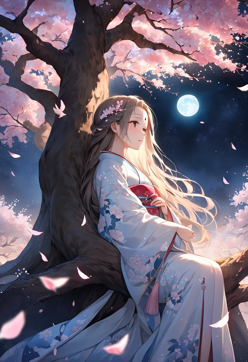 A pale watercolor painting depicting a super huge weeping cherry tree that emits a suspicious light on a moonlit night and a bewitching celestial maiden in a kimono who snuggles up and talks to the trunk of the ancient tree, A fantastic moment when an ancient tree of weeping cherry trees planted on dead earth bloomed for the first time in tens of thousands of years, Mysterious scene where the petals shining in response to the suspicious light of ancient trees are scattered as a blizzard, Fantastic watercolor painting depicting the scene of a celestial maiden who shares energy to ancient trees on a moonlit night with a broad composition from a bird's-eye view, A celestial maiden's coat and long hair flutter dynamically in the wind, A collaboration between the power of ancient trees and the gentle light of a moonlit night falling on a celestial maiden, A gentle and gentle celestial maiden wrapped in fluttering cherry blossoms and moonlight, The expression of a celestial maiden with attention to detail, Emphasize the floating and dynamic feeling of a clear coat in slow motion, forehead mark, close-up, from side, UHD, retina, masterpiece, accurate, textured skin, super detail, high details, high quality, highres, best quality, 16k