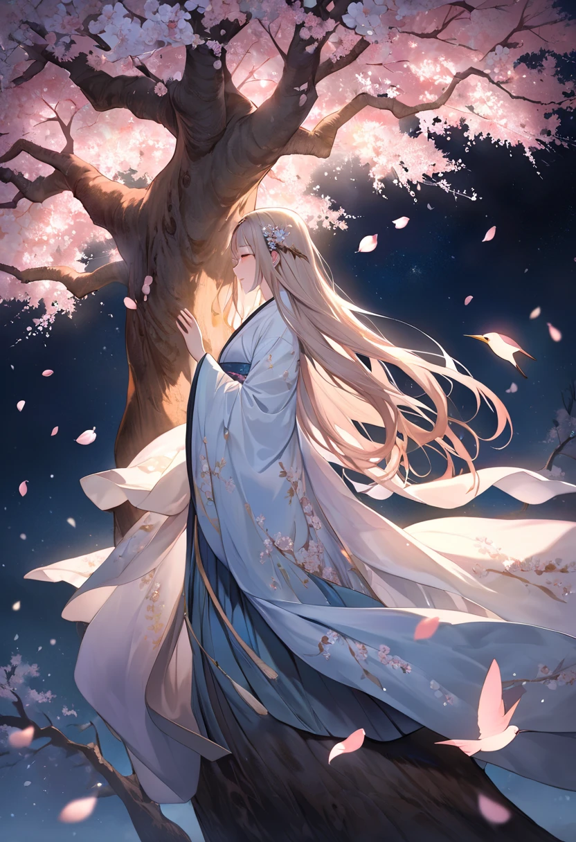 A pale watercolor painting depicting a super huge weeping cherry tree that emits a suspicious light on a moonlit night and a bewitching celestial maiden in a kimono who snuggles up and talks to the trunk of the ancient tree, A fantastic moment when an ancient tree of weeping cherry trees planted on dead earth bloomed for the first time in tens of thousands of years, Mysterious scene where the petals shining in response to the suspicious light of ancient trees are scattered as a blizzard, Fantastic watercolor painting depicting the scene of a celestial maiden who shares energy to ancient trees on a moonlit night with a broad composition from a bird's-eye view, A celestial maiden's coat and long hair flutter dynamically in the wind, A collaboration between the power of ancient trees and the gentle light of a moonlit night falling on a celestial maiden, A gentle and gentle celestial maiden wrapped in fluttering cherry blossoms and moonlight, The expression of a celestial maiden with attention to detail, Emphasize the floating and dynamic feeling of a clear coat in slow motion, forehead mark, close-up, from side, UHD, retina, masterpiece, accurate, textured skin, super detail, high details, high quality, highres, best quality, 16k