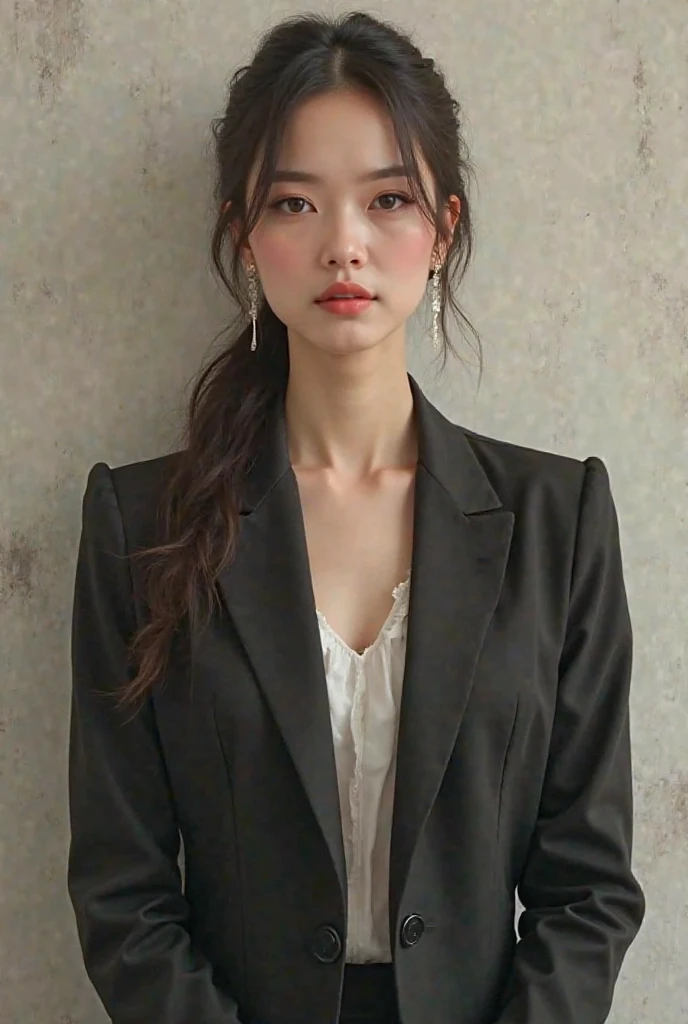 super high quality, Black Hair, Slender, Gravure photoshoot, The staff is working at the counter in the back., (8k、RAW Photos、highest quality、masterpiece:1.2), Stylish café, (Realistic、Photorealistic:1.37), Beautiful Face , Normal chest, Urban Cafe, Golden Ratio, Raw photo, musician, Blurred Background, curl, Spring Clothes, Beauty, suit, 30 years old, Neat clothes, 

