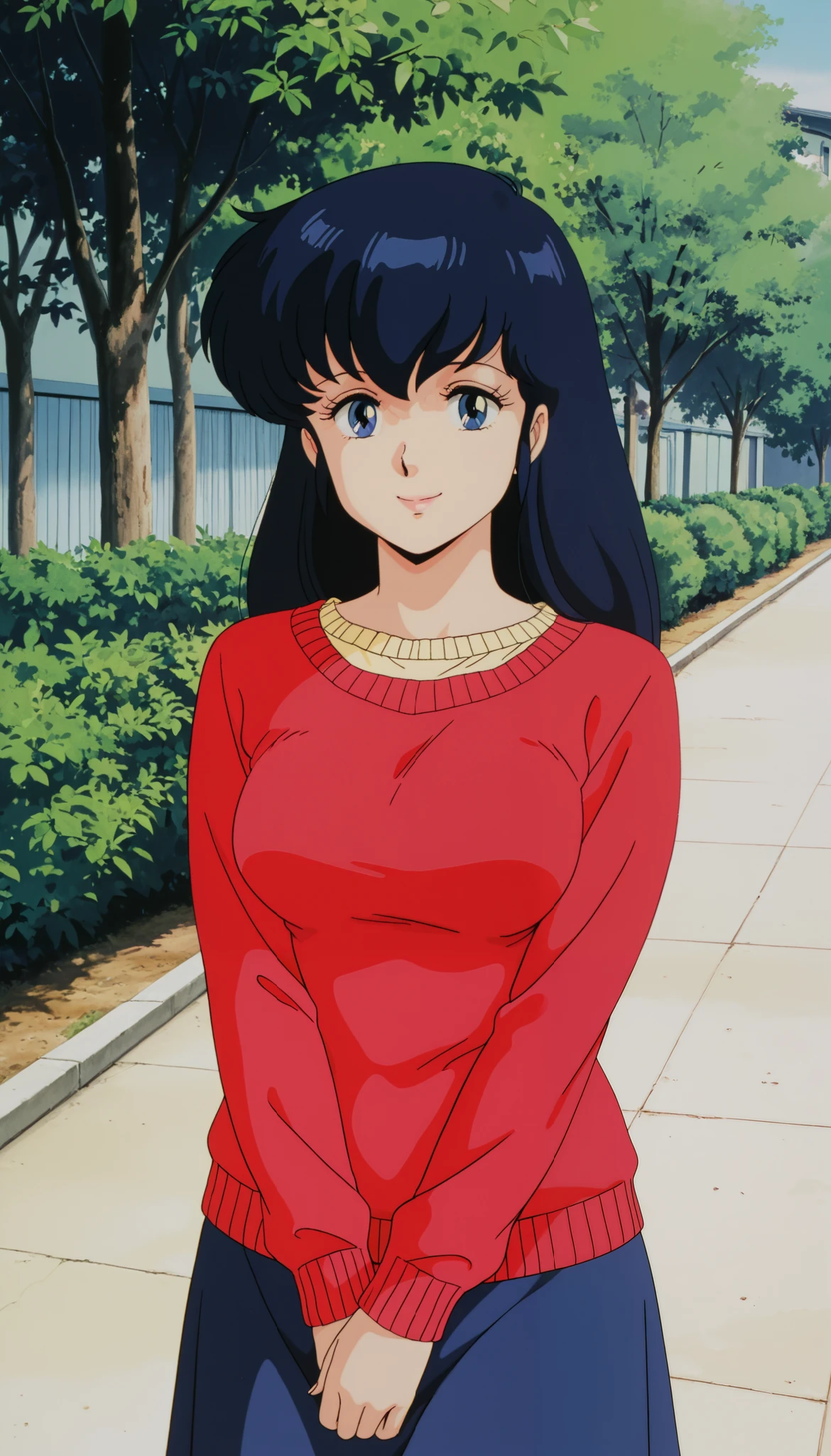 masterpiece, best quality, newest, absurdres, highres, detailed eyes, beautiful, detailed background, perfect eyes, anime coloring, masterpiece, best quality, newest, absurdres, highres, detailed eyes, beautiful, detailed background, perfect eyes, anime coloringanime screenshot, 1980s \(style\), 1girl, solo, mature female, otonashi kyouko, black hair, long hair, , blue eyes, medium breasts, yellow shirt under red sweater, long sleeves, blue skirts, , , looking at viewer, smile, (outdoors)