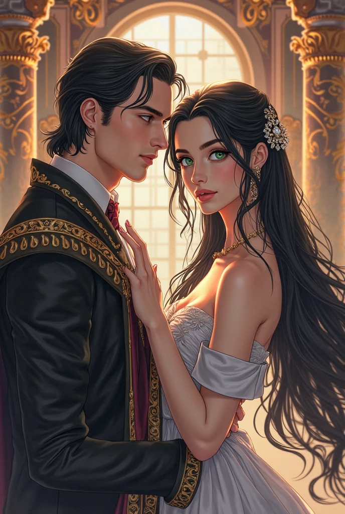 Visual narrative depicting a sweeping historical romance adventure set in the Regency era, featuring a passionate encounter between a daring noblewoman and a charismatic rogue amidst the opulent gardens of a stately estate. Rendered in the style of classic romance novel cover illustrations, drawing inspiration from the works of cover artist Jon Paul, the composition captures the intense gaze and subtle gestures, utilizing a Nikon D850 with a 85mm f/1.4 lens to accentuate the characters and evoke the timeless allure of historical romance.