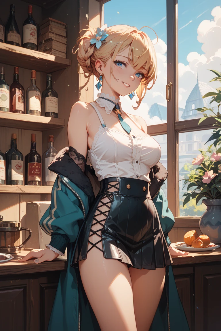 (perky chest:1.2), (pointed chest:1.2),(((Black Tunic:1.3))),(((cakes and bread in the basket),Cute and beautiful girl,Cute round face,Cute smile,with blush cheeks,Red Lip,solo, looking at viewer, open mouth, have a cute grass of cute beergrass,black hair, dark green eyes, dress, bare shoulders, jewelry, collarbone, sidelocks, hairband, earrings, indoors, off shoulder, sweater, arms behind back, plant, short hair with long locks, gild hairband, off-shoulder dress, sweater dress, off-shoulder sweater, black sweater, dark gord hair, big side hair, very long side hair,is rendered in (masterpiece: 1.2, best quality), with (ultra high resolution) and an exquisite (depth of field),(Bangs are see-through bangs),hair pin,hair adornments,detailed clothes features,Detailed hair features,detailed facial features,(Dynamic angles),(Dynamic and sexy poses),Cinematic Light,(masutepiece,top-quality,Ultra-high resolution) ,(The 8k quality,Anatomically accurate facial structure,),(Sea Art 2 Mode:1.3),(Image Mode Ultra HD) ,(Hold a coffee in your hand:1.3),delicate beautiful face, Bright blue eyes, cute eyes, sparkling eyes, Big eyes, (perky chest:1.1), (pointed chest:1.3), looking at viewer,
