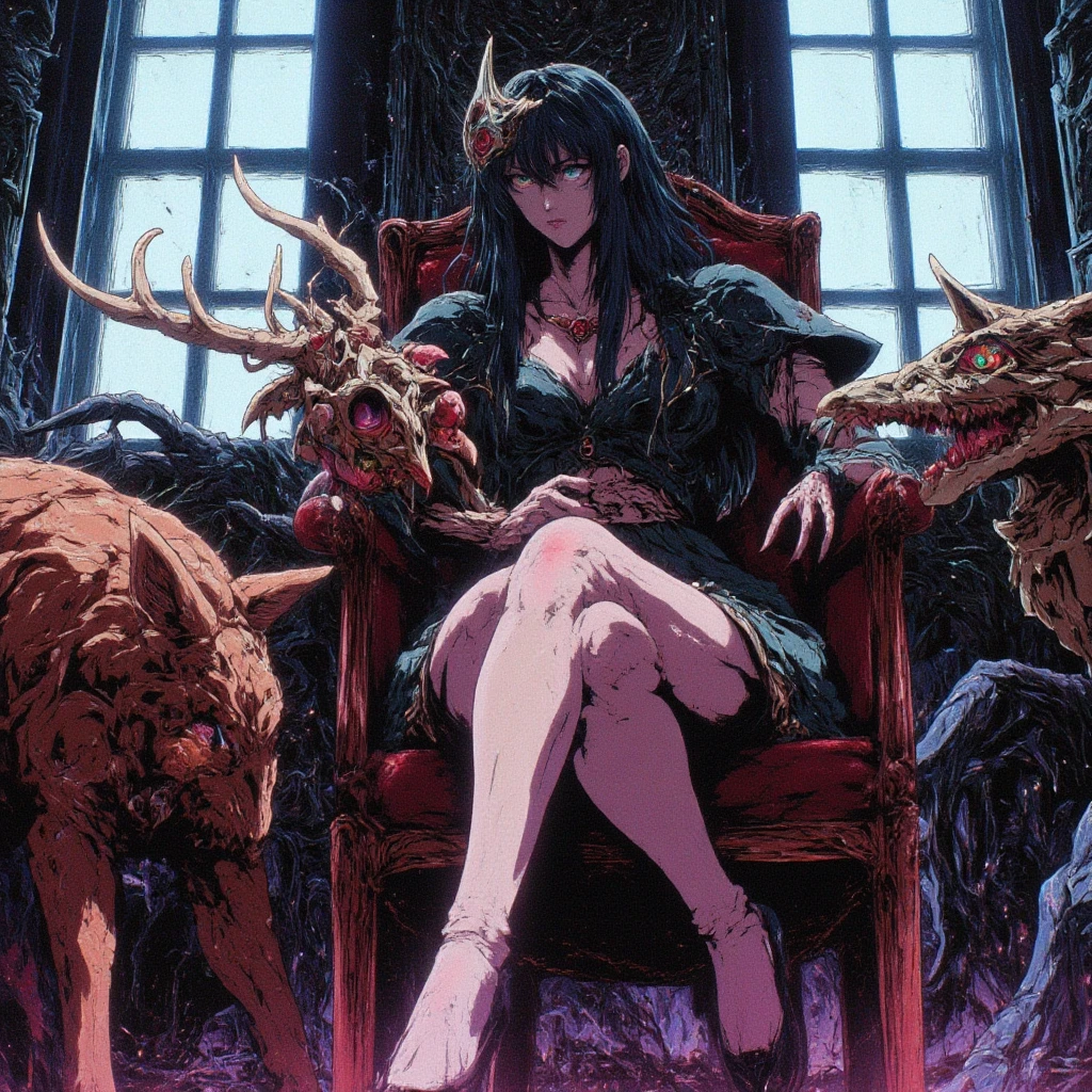 A low-angle perspective digital painting of a young woman Woman in profile with a bird mask of the plague doctor on her face wearing a baroque dress in her hands she holds the skull of a deer and mushrooms and flowers are coming out of it, baroque room and a skeleton fox on a bed
 with flowing, black hair that covers one eye, sitting on a chair with her legs crossed. The viewpoint is from below, drawing attention to her black high heels, particularly emphasizing the graceful arch of her foot. She wears a black leather jacket and a short skirt, exuding both elegance and authority. The background consists of a bright room with large windows, where natural light accentuates the softness of her skin and the polished sheen of her shoes. The image blends elements of femininity and strength, with a modern and sophisticated atmosphere.