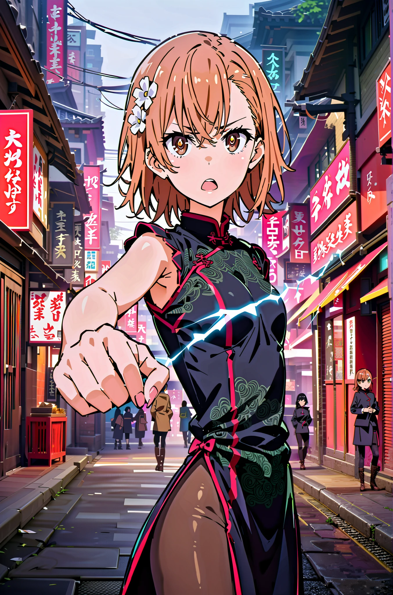 score_9, score_8_up, score_7_up, source_anime,
Mikoto and Misaka, Misaka Mikoto , short hair, black cock, hair ornament, hair flower, brown eyes,serious,open your mouth,electricity ,Superpowers(electricity ity),Electric current is emitted from the body ,cosplay, ,That's right., open your mouth, White Chinese clothing,Long slit,black pantyhose,boots,is standing, combat posture,full bodyがillustrationに入るように,break outdoors, Chinatown,
break looking at viewer,full body,
break (masterpiece:1.2), best quality, high resolution, Unity 8k Wallpaper, (illustration:0.8), (beautiful detailed eyes:1.6), very detailed face, so that it fits into the illustration, extremely detailed CG, (perfect hand, perfect anatomy),
