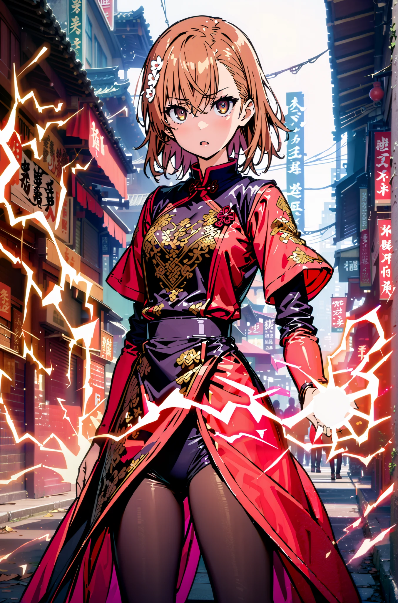 Mikoto and Misaka, Misaka Mikoto , short hair, black cock, hair ornament, hair flower, brown eyes,serious,open your mouth,electricity ,Superpowers(electricity ity),Electric current is emitted from the body ,cosplay, ,That's right., open your mouth, White Chinese clothing,Long slit,black pantyhose,boots,is standing, combat posture,full bodyがillustrationに入るように,break outdoors, Chinatown,
break looking at viewer,full body,
break (masterpiece:1.2), best quality, high resolution, Unity 8k Wallpaper, (illustration:0.8), (beautiful detailed eyes:1.6), very detailed face, so that it fits into the illustration, extremely detailed CG, (perfect hand, perfect anatomy),