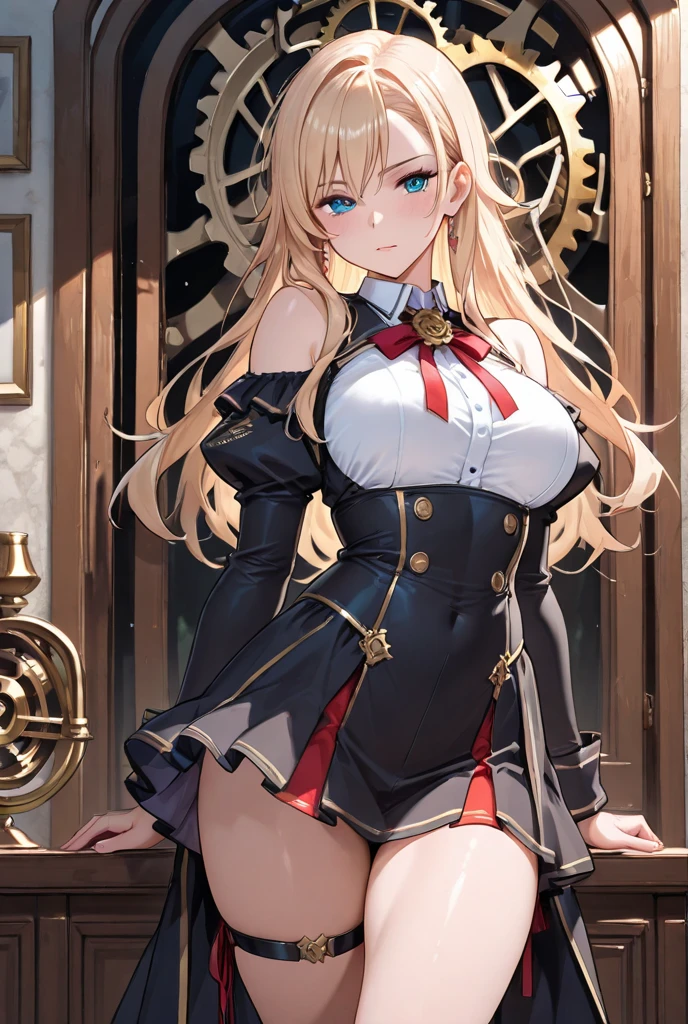 imagine a girl, big , masterpiece, perfectly detailed, full 4k quality, perfectly defined, 1 girl, full_ body, magical_girl, legs_apart, skindentation, large_breast, neckerchief, blue_neckerchief, between_breasts, string_bikini, black_bikini, bikini, bikini_top_only, hanging_breasts, blonde long hair, curly_hair , eyebrows_hidden_by_hair, blunt_bangs, hime_cut, tress_ribbon, nail_polishn black_nails, coat, striped_clothes, white_coat, open_coat, long_sleeves, sleeves_past_wrists , puffy_sleeves, sailor_dress, sailor_collar, black_sailor_collar, miniskirt, pencil_skirt, high-waist_skirt, green_skirt, thighhighs, boots, knee_boots, high_heels, platform_boots, green_footwear, fold-over_boots, shadow, pinky_out, peaked_cap, white_hat, miltary hat, panty_pull, pulling_own_clothes, taut_dress, pussy_juice, pussy_juice_trail, white_background