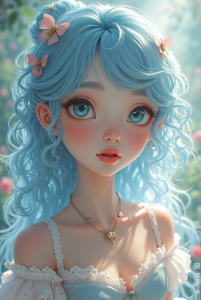 Light blue hair, turquoise eyes, long eyelashes, big red lips, apricot eyes, beauty, girly, curly hair, Princess